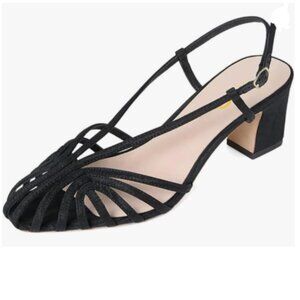 XYD Black Caged Square Toe Slingback Sandals Cutout Block Low Heel Pumps Strappy